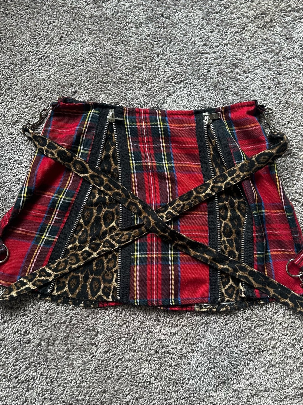 Dolls Kill Red Plaid Mini Skirt with Leopard Strap Detail